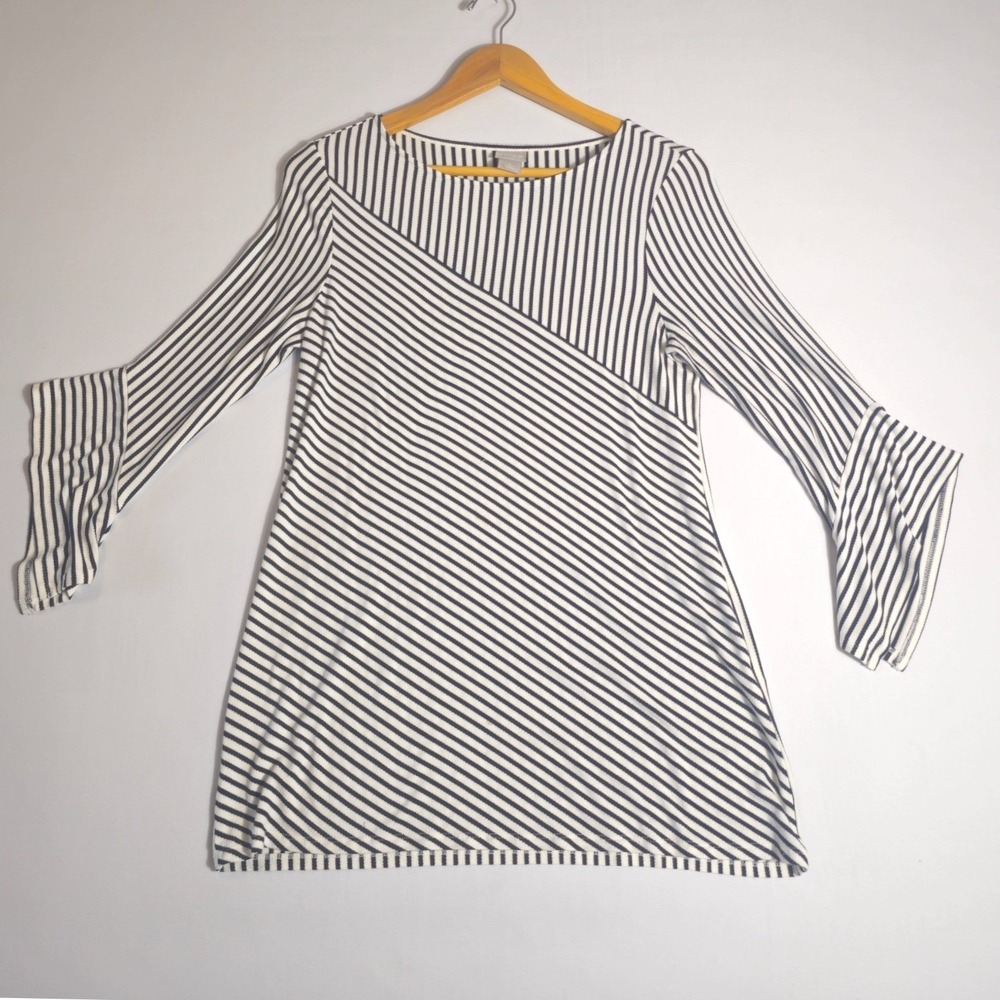Chico's Blouse Top Women 0 (S) Black White Striped 3/4 Flutter Sleeve Round Neck - Picture 2 of 9
